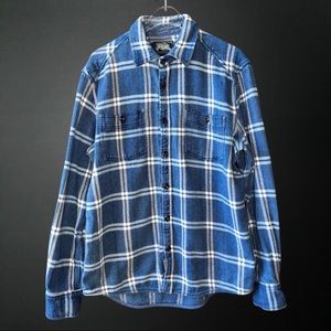 Roots Canada Men's Varsity Plaid Blue Organic Cotton Flannel Button Down Shirt